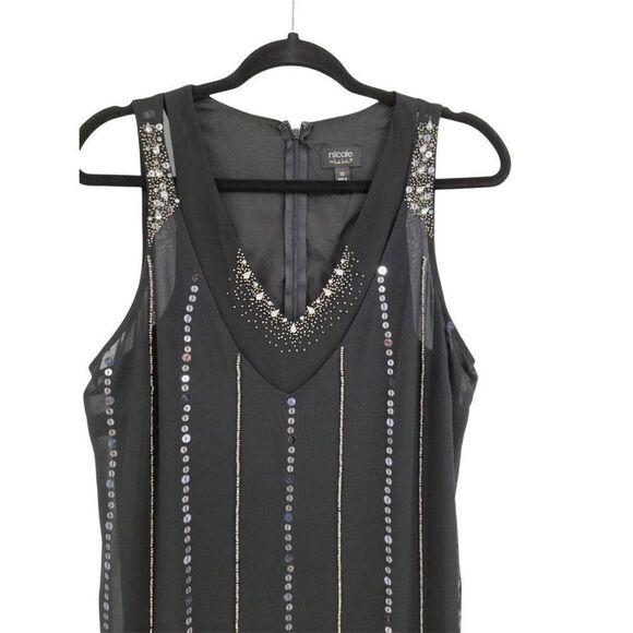 Nicole Miller Retro 20's Flapper Sheer Sleeveless Layered Beaded Dress Blk Sz XL - Picture 5 of 8